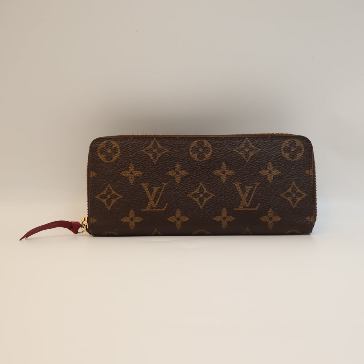 Pre-Owned #72294 Louis Vuitton Monogram Portefeuil Clemence Round Zipper Wallet Broun×Red M60742